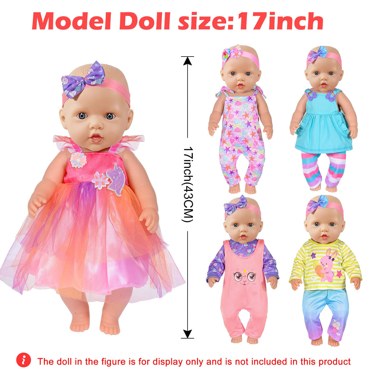 5-Pack Baby Doll Clothes for 15-18 Inch Dolls, Cute Fashion Doll Clothing Set with Matching Headbands, Fits 15" 16" 17" Reborn Baby Dolls, 18" Dolls, Baby Dolls, Gift for Girls (Doll Not Included)