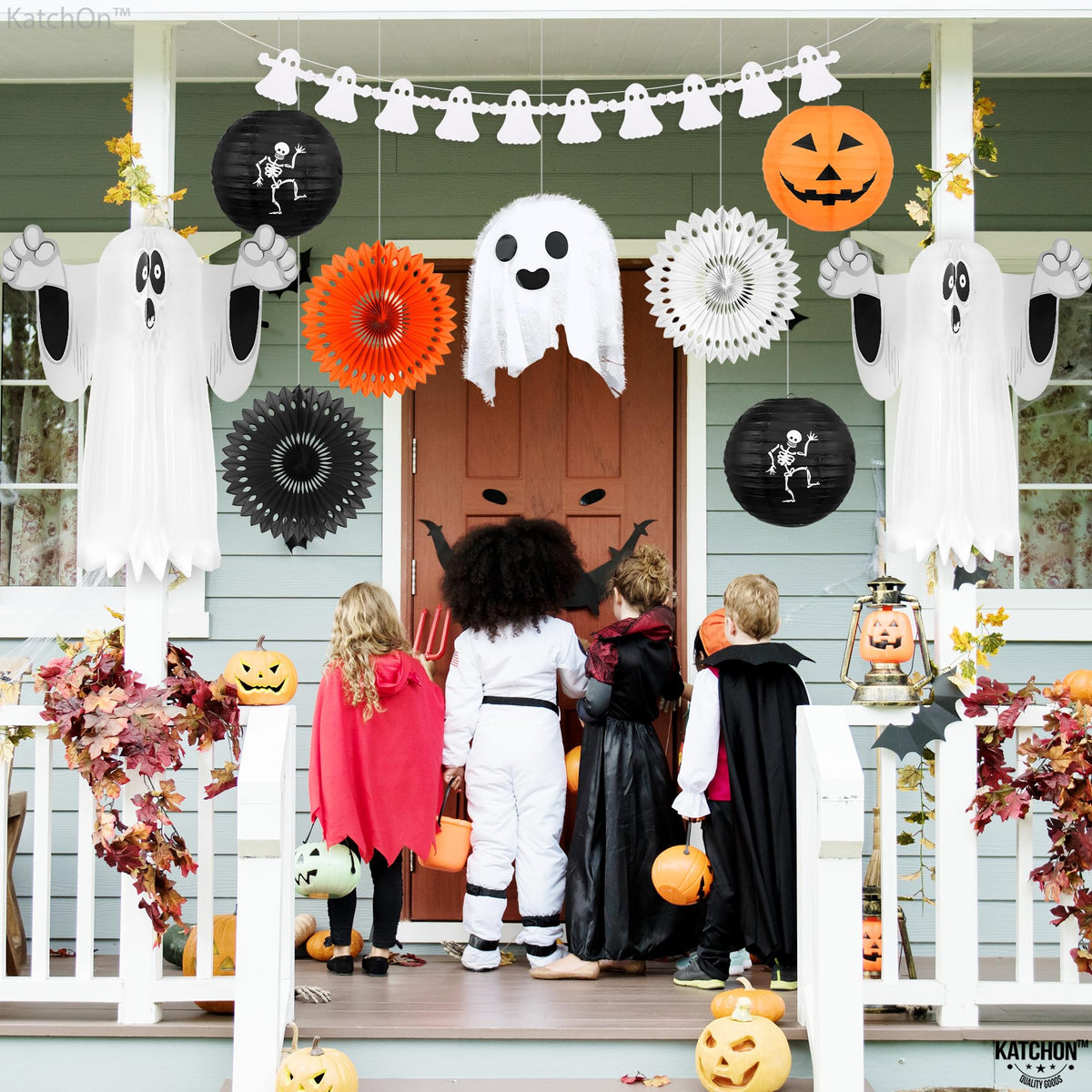 KatchOn, Hanging Ghosts Halloween Decor - Pack of 10 | Xtralarge Indoor Halloween Hanging Decorations, Ghost Garland Decorations, Paper Lanterns, Hanging Paper Fans | Spooky Hanging Decorations