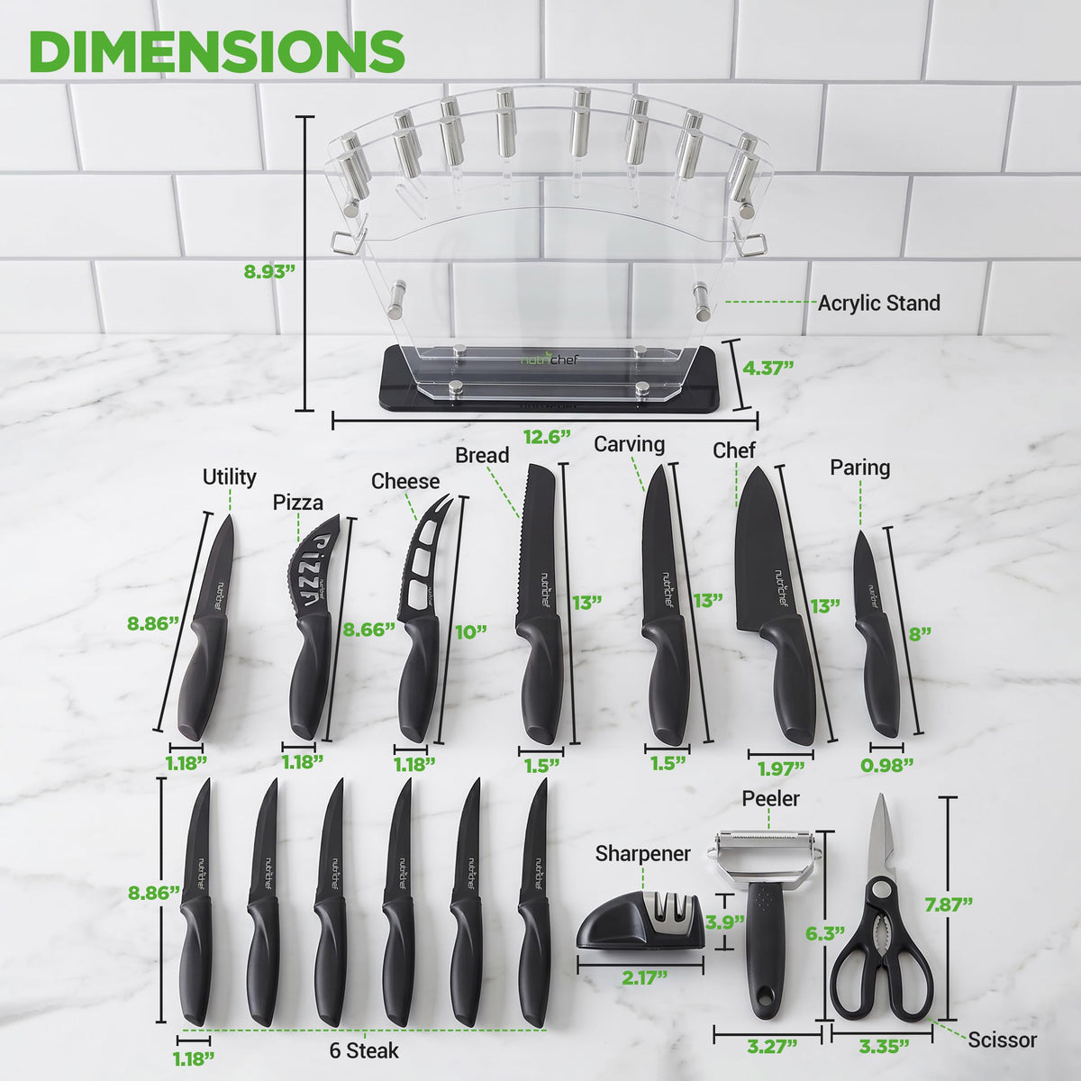 NutriChef 17-Piece Kitchen Knife Block Set - Stainless Steel Precision Crafted Knives w/Acrylic Block Stand - Includes 6 Steak & 7 Multi-Use Knives, Sharpener, Scissors, & Vegetable Peeler (Black)