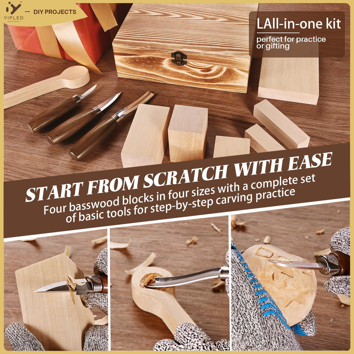 Wood Carving Kit for Beginners, Wood Carving Tools with 3Pcs Whittling Knife 7Pcs Basswood Carving Blocks, Grade 5 Anti Cutting Gloves, Leather Strop, Polishing Compound, Entry-Level Carving Gift Set