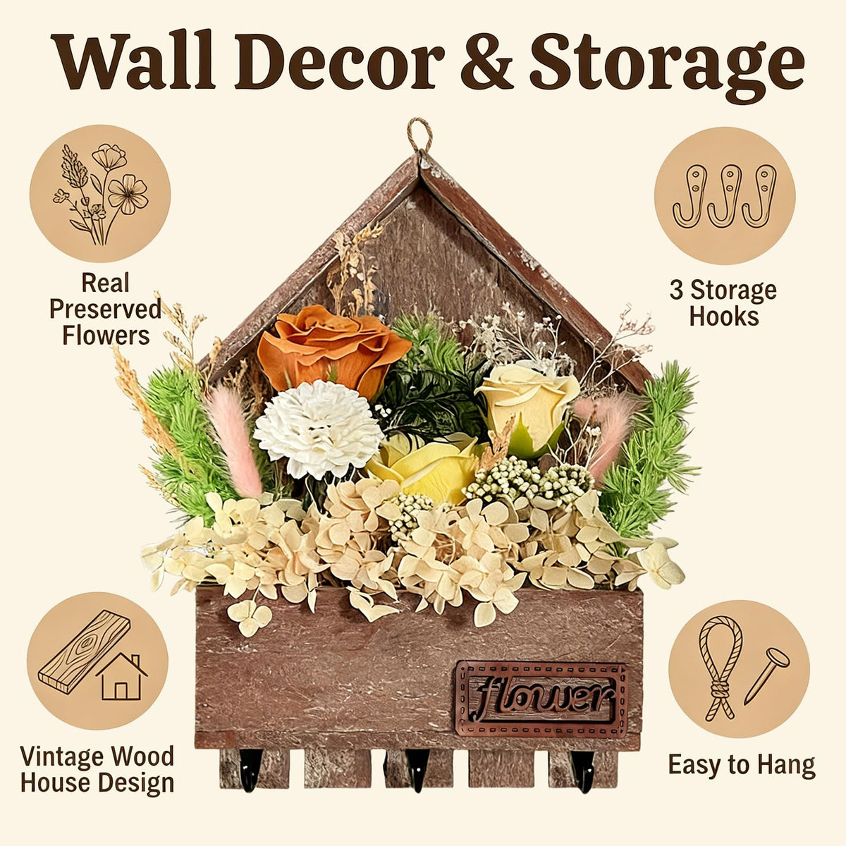 EIGHTOWN Orange Floral Wall Hooks, Farmhouse Wooden House Shape Key Holder with 3 Hooks, Artificial Soap & Dried Flower Decorative Hanger for Entryway, Living Room, Home Decor (Orange)