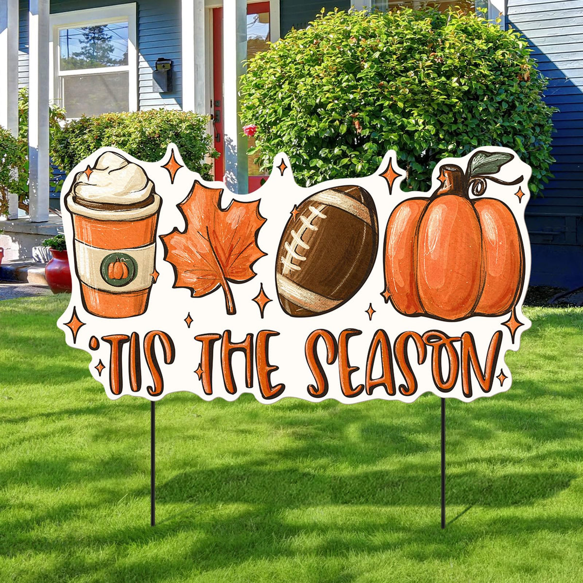 Shimeyao 24 Inch Fall Garden Stakes Outdoor Tis The Season Sign Fall Football Metal Yard Sign, Front Door Decor Signs for Thanksgiving Decorations Autumn Harvest Patio Lawn Walkway