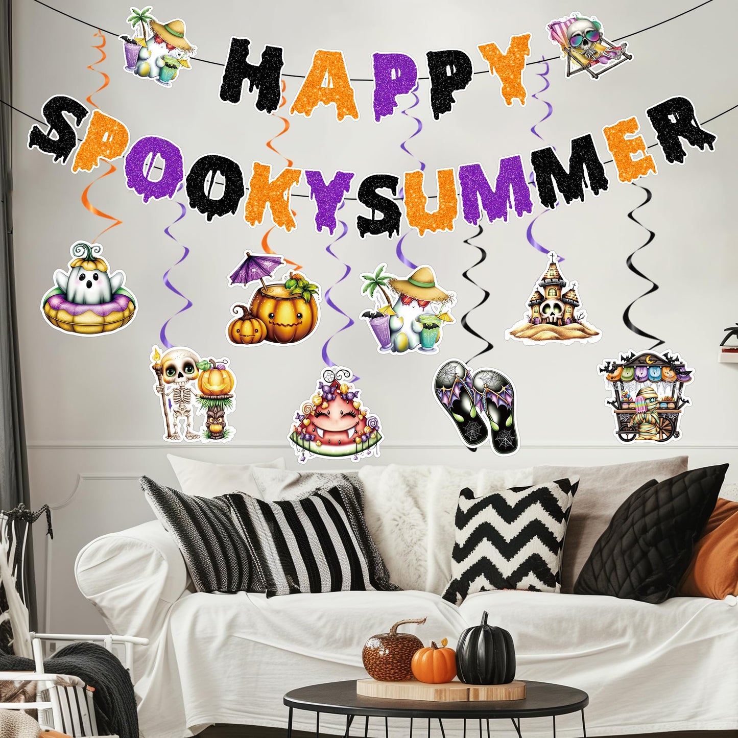 RUBOAOA Summerween Decorations, 10 Pcs Spooky Summer Halloween Decor with Banner Hanging Swirls, Cute Luau Beach Tropical Party Supplies for Indoor Home, Backyard, Patio, Pool and Summer Parties