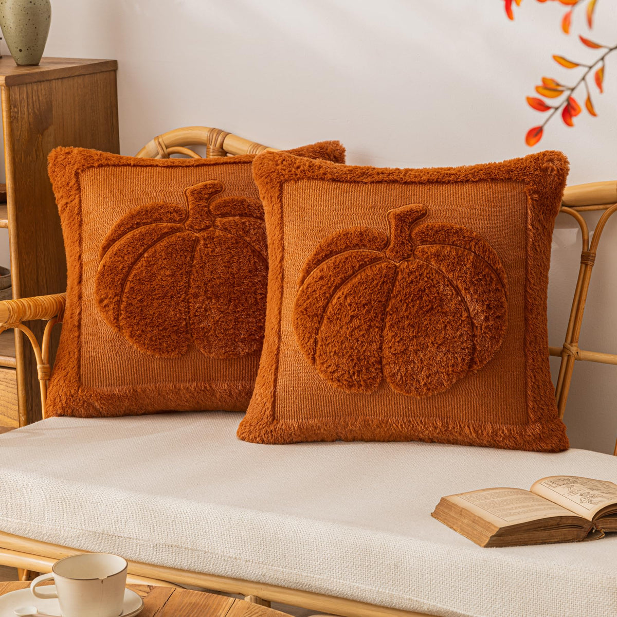 COSIBONO Rust Red Pumpkin Fall Throw Pillow Covers 18x18, Set of 2 Cute Fall Halloween Pillow Cases for Sofa Autumn Decor Soft Faux Fur Farmhouse Cushion Covers for Thanksgiving Living Room Bedroom