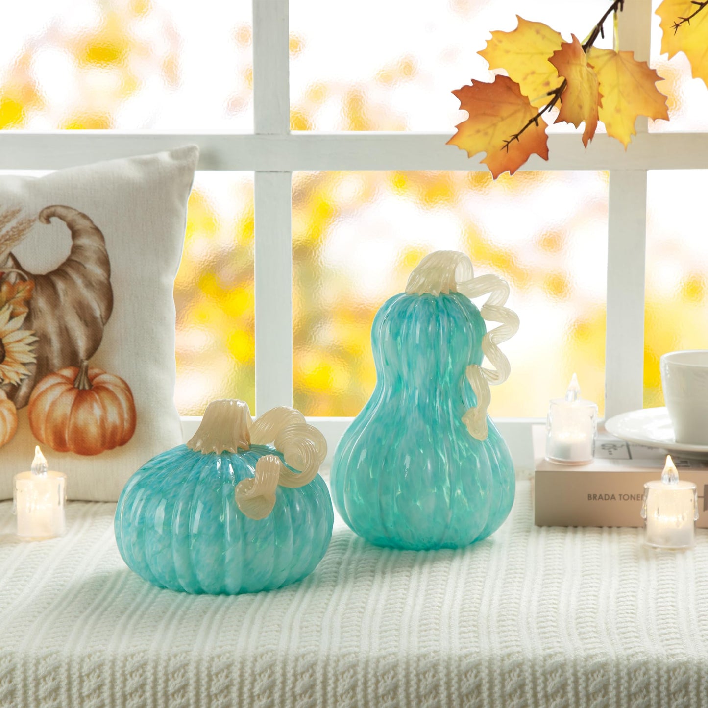 Glitzhome Hand Blown Glass Pumpkin Decor 5" Turquoise - Artisan Fall Harvest Thanksgiving Table Centerpiece Halloween Home Decor