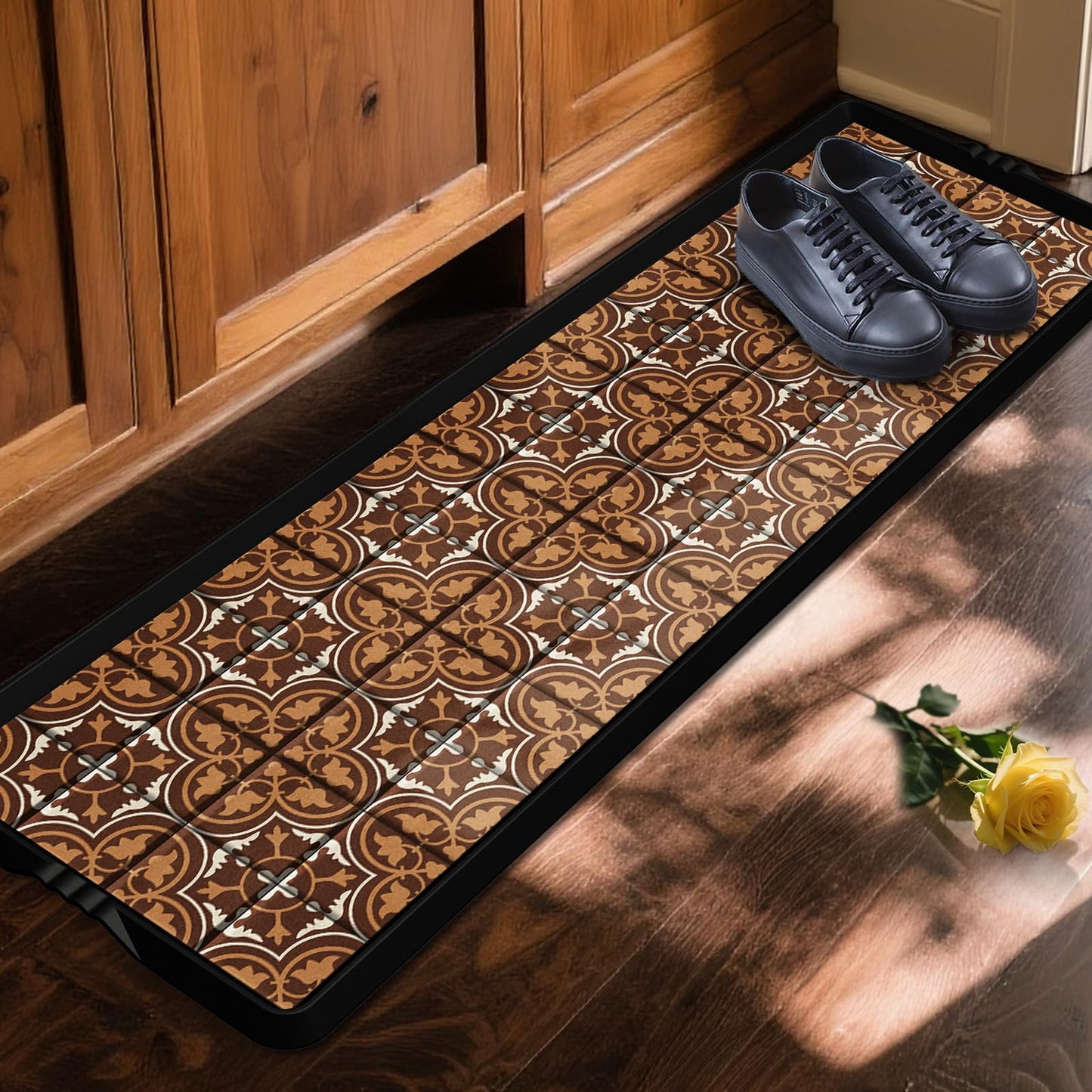BEHERO Boot Tray Shoe Mat Decorative Patterned, Rubber Boot Matt Tray Indoor and Outdoor Use, 16" x47.5" Shoe Cleaning Mat Non-Slip, Shoe Storage Waterproof with Artistic Prints for Entryway (Brown)