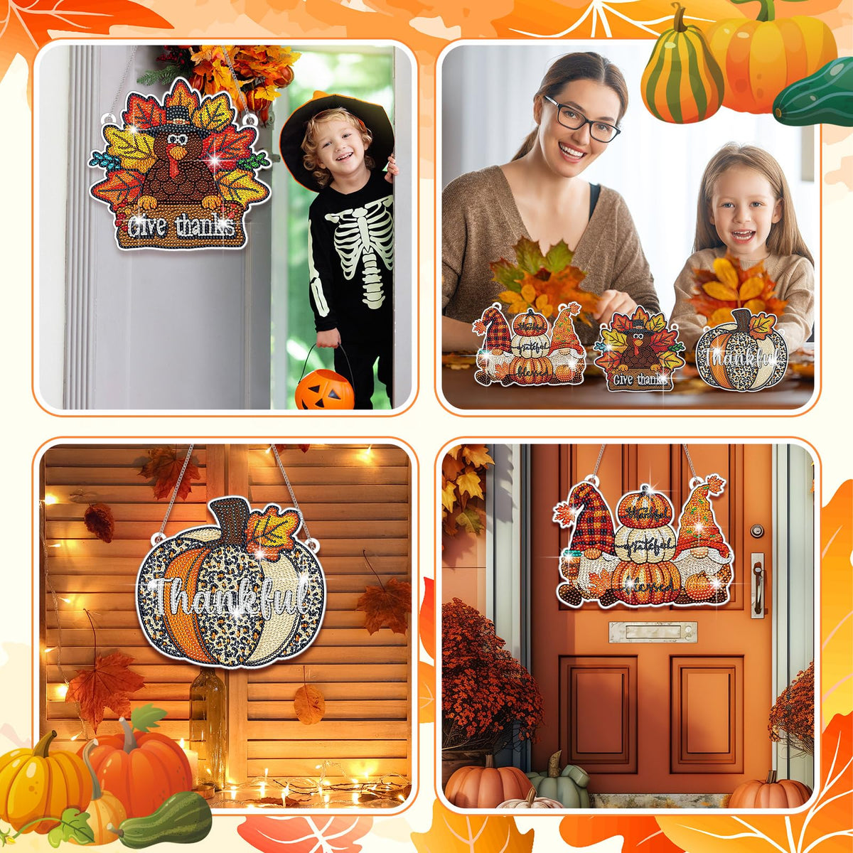 Yousoontic 3 Pcs Fall Door Decorations DIY Thanksgiving Diamond Painting Hanging Sign Thanksgiving Day Door Hanger Set Diamond Art Welcome Sign for Home Wall Front Party Supplies