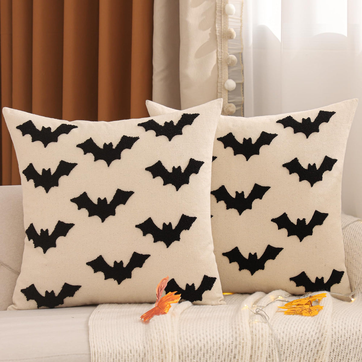 Tosleo Halloween Throw Pillow Covers 20x20 inch Set of 2 Black 3D Bats Embroidery Pillow Cases Thanksgiving Holiday Cushions Covers Home Party Fall Decor Pillowcases Cushion Covers for Sofa Bed Couch