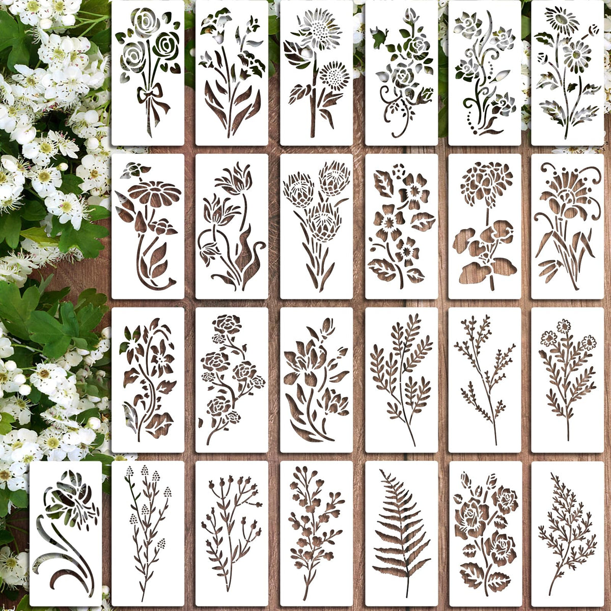 25Pcs Wildflower Stencils Flower Leaf Painting Stencils Botanical Flower Stencils Tiny Vine Leaf Plastic Art Drawing Templates DIY Crafts Plant Stencil for Painting on Wood Wall Door Canvas 3x6inch