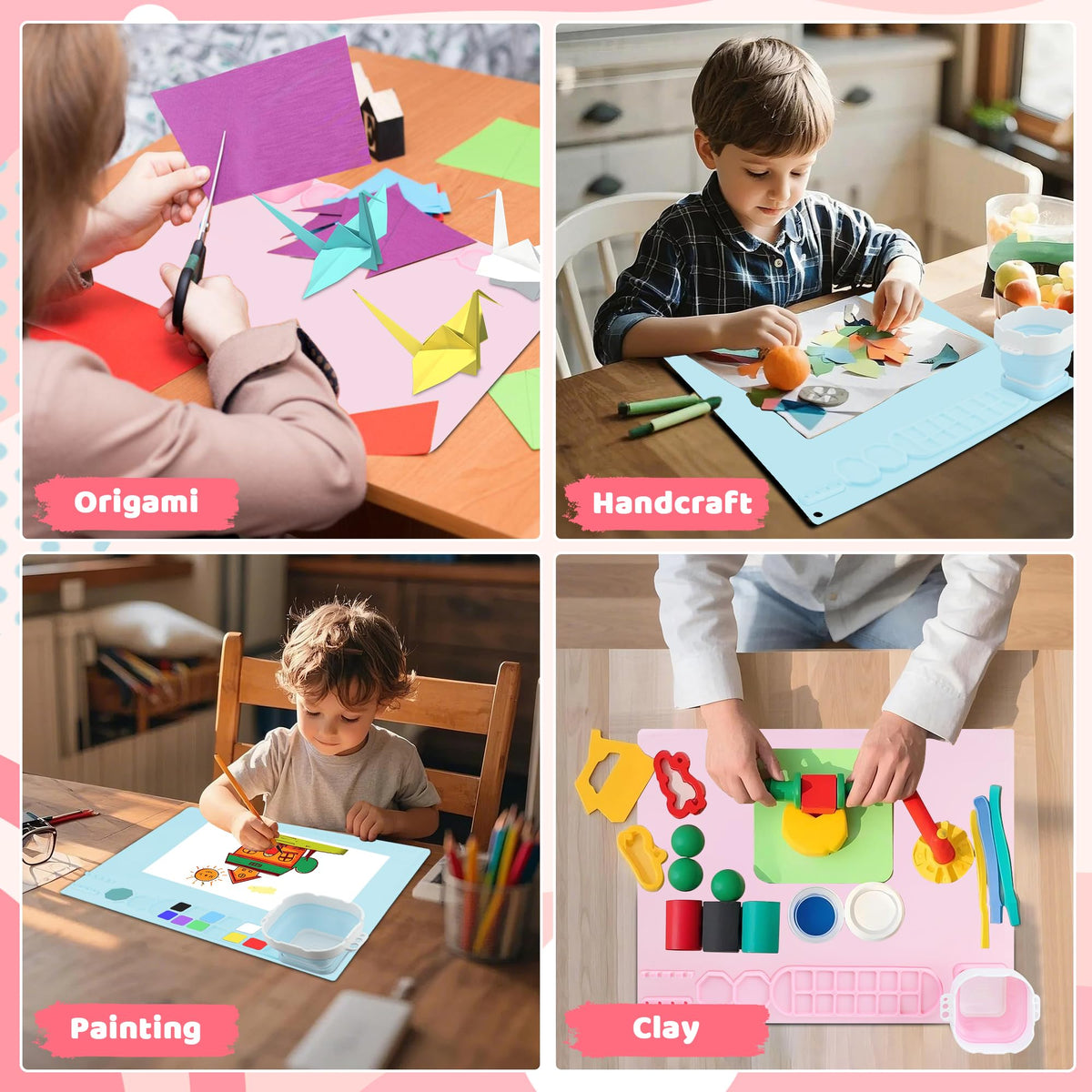 MEKOTRIN 2PCS Silicone Painting Mat, 20"X16" Art Mat with Cup and Palettes, Silicone Craft Mat has 16 Color Dividers, Paint Mat for Artist Clay DIY Creations(Pink+Blue)