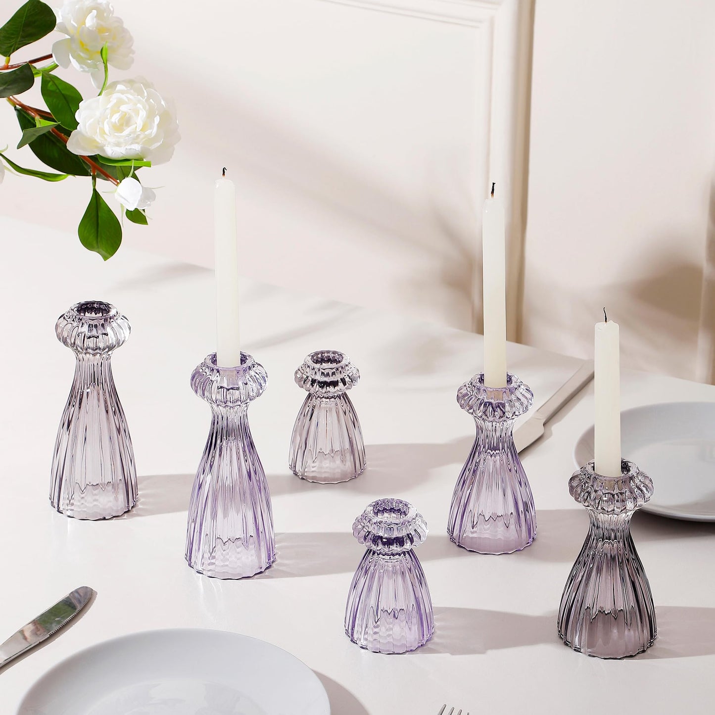 Lysenn Glass Candle Stick Holder Set of 3 – Premium Taper Candle Holders for Romantic Ambiance - Candle Sticks Holder Decor for Special Occasions - Purple