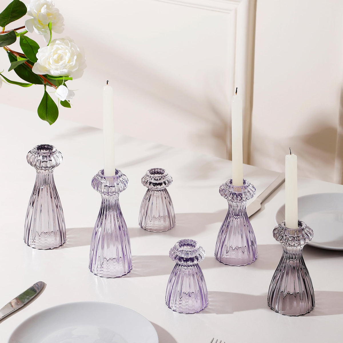 Lysenn Glass Candle Stick Holder Set of 3 – Premium Taper Candle Holders for Romantic Ambiance - Candle Sticks Holder Decor for Special Occasions - Smoke Gray