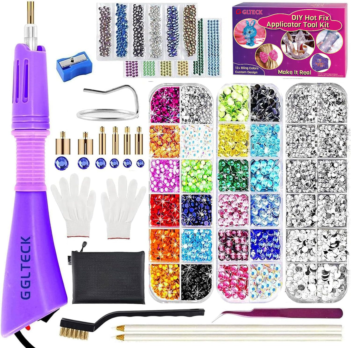 GLTECK Hotfix Applicator, Bedazzler Kit with 5784 PCS Rhinestones for Crafts, DIY Hot Fix Rhinestone Applicator Wand Setter Tool with 7 Tips, 6 Pattern Templates, Gloves, Tweezers & Cleaning Brush