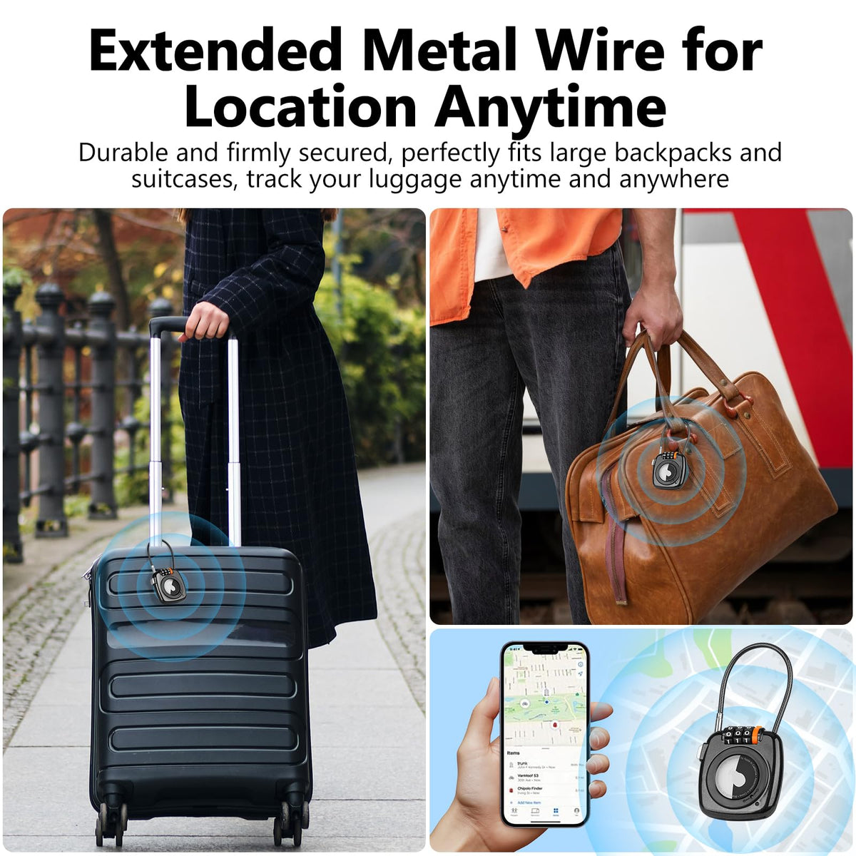 TUXON Compatible with Apple AirTag Secure Lock with Wire Cable, 3-Digit Combination Luggage Locks, Alloy Body Ultra Durable Anti-Lost Protective Case for Luggage, Bags, Suitcase, and Backpacks (BLACK)