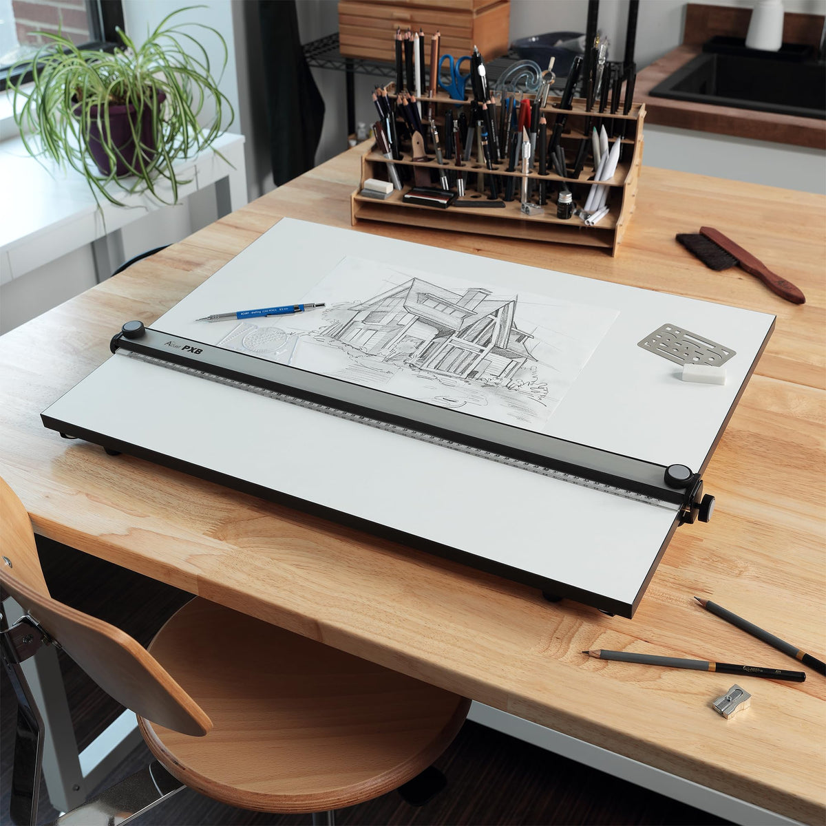 Acurit PXB 24” x 36” Drawing Board for Artists and Designers - Portable Workspace for Drawing, Sketching, Drafting, Painting - Fixed Angled Laminated Surface with Ruler and Parallel Motion Bar