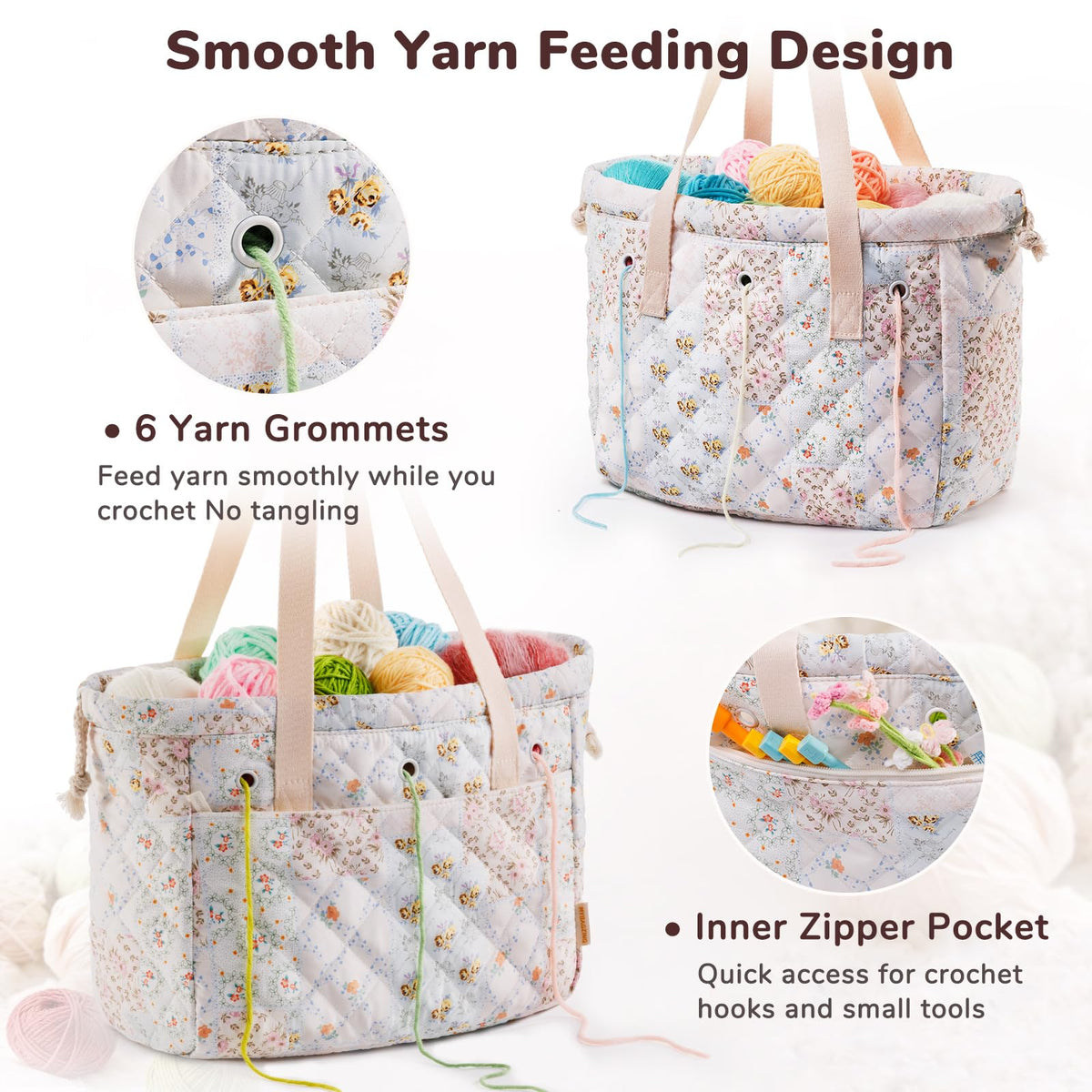 MYBAGZING Portable Crochet Bag Organizer with Crochet Hook Organizer Roll, Quilted Yarn Storage Tote with Grommets, Knitting Project Bag for Yarn & Accessories, Floral Craft Tote Gift for Crocheters