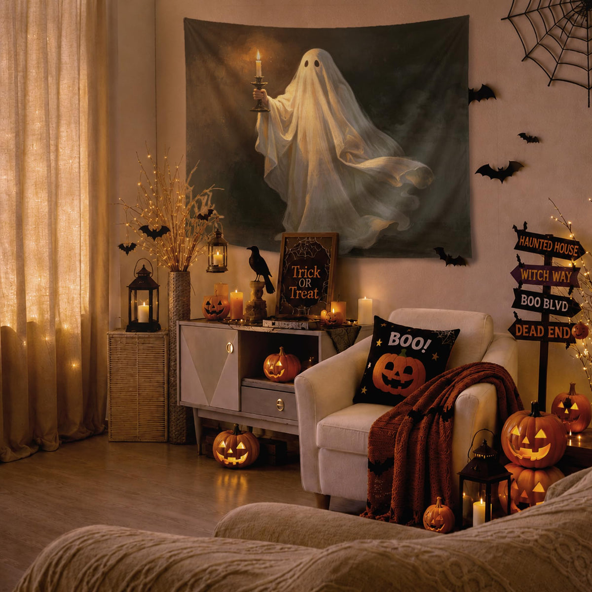 YTRGI YTRG Halloween Tapestry, Dark Academia Spook Ghost Tapestries Wall Hanging for Bedroom, Gothic Ghost Holding Candle Tapestry Wall Decor Backdrop for Living Room Home, 50x60 Inch