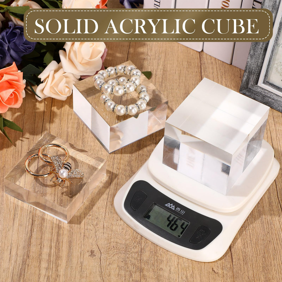 Geelin 6 Pcs Acrylic Risers Stand Display Block Decor Riser 3 Size Decor Clear Polished Cube Solid Pedestal Stand for Jewelry Perfume Photography Collection Food Doll Wedding High Density (Square)