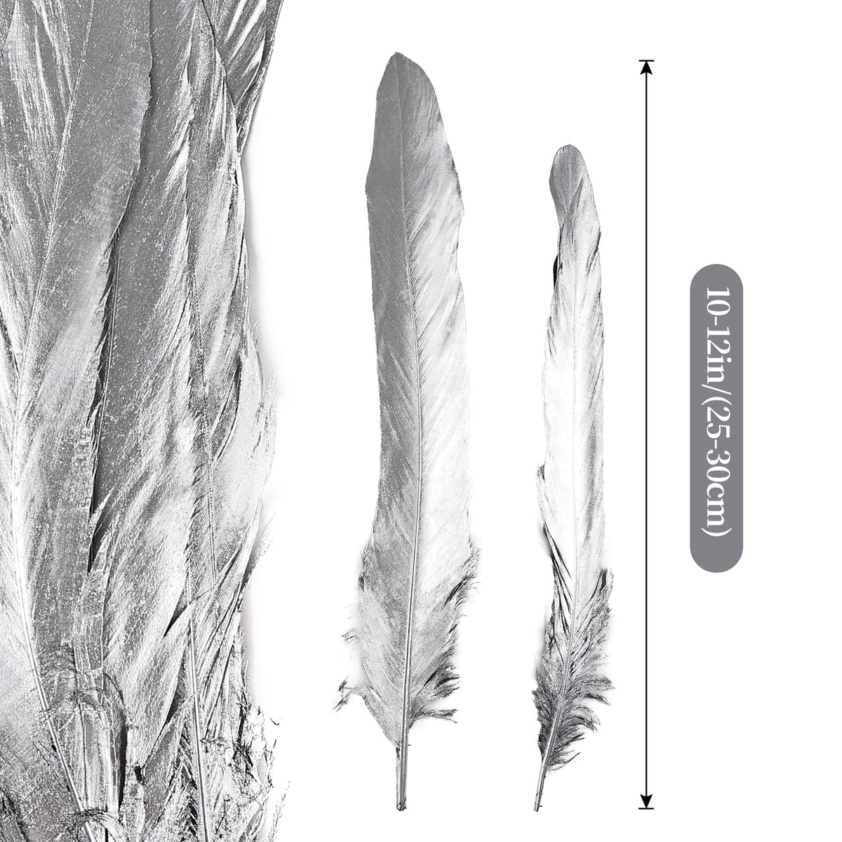 iHUFeather Natural Rooster Tail Feathers 50pcs 10-12inch Long Rooster Coque Tail Feathers Bulk for DIY Crafts Costume and Halloween Party Performances Decoration(Silver)