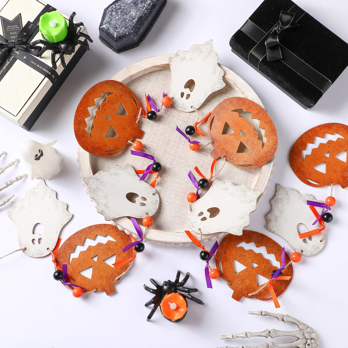 Cinnvoice 8.2 ft Halloween Ghost Pumpkin Garland Wooden Beads Garland Rustic Farmhouse Country Decor Wood Pumpkin Banner Ghost Halloween Hanging Decor for Fireplace Mantel Wall Home Window