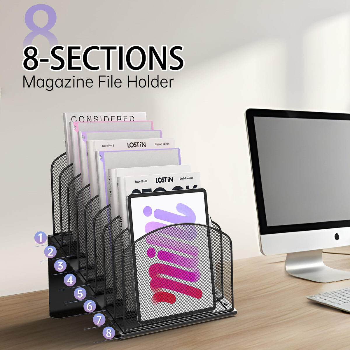 Inclined Desk File Organizer Metal Desk Magazine Folder Holder with 8-Section Vertical Compartments Rack File Organizer for Office, Home, School, Black