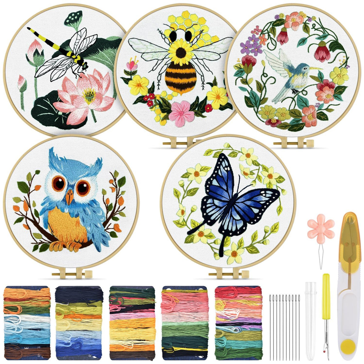 TINDTOP 5 Sets Embroidery Kit for Beginners Adult, Embroidery Kit for Beginners Include Embroidery Cloth Hoops Threads for Craft Lover Hand Stitch with Embroidery Skill Techniques