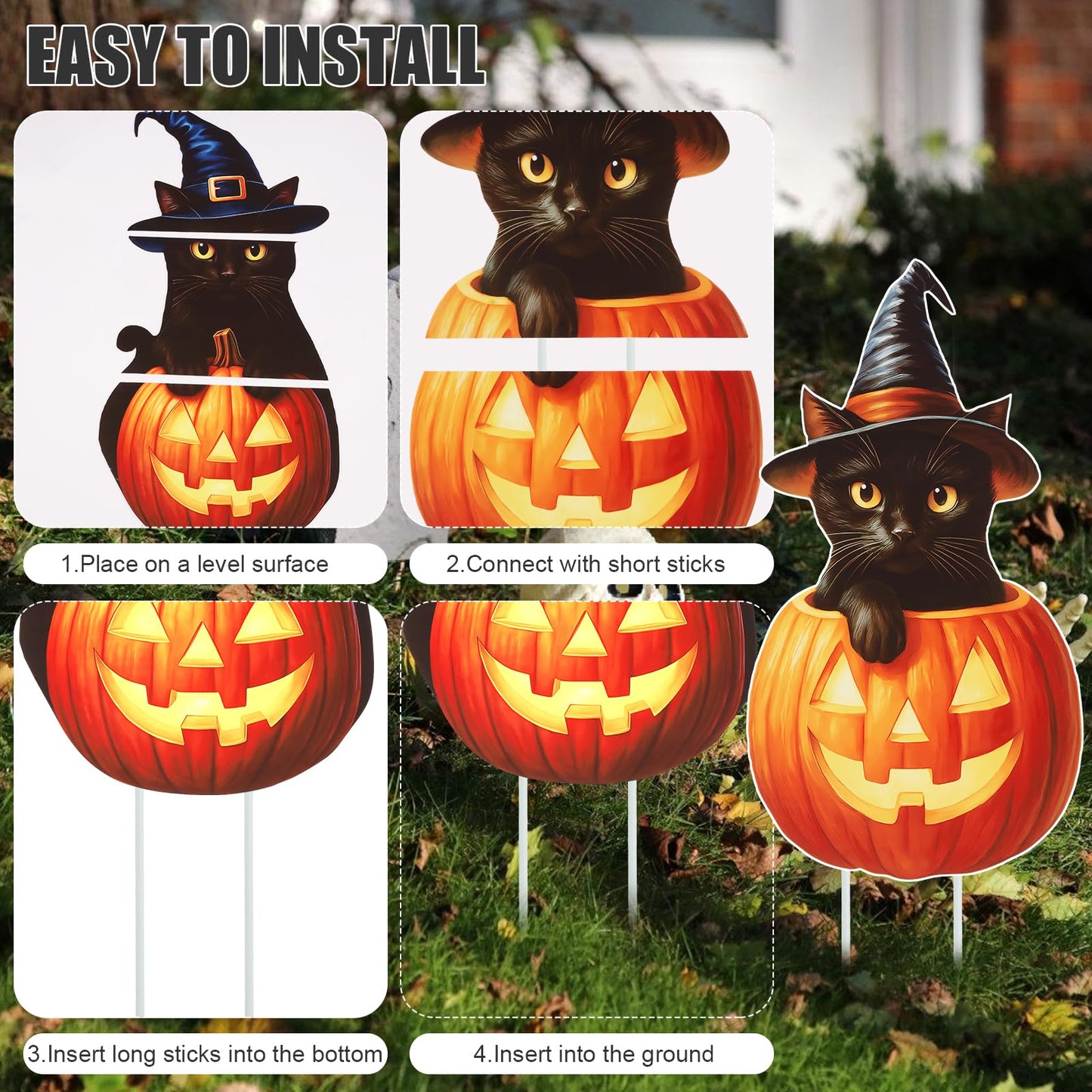 Large Outdoor Halloween Yard Signs, 2 PCS 31 inch Pumpkin Black Cat Halloween Yard Stakes Kids Friendly for Lawn Garden Home Decor Outside Party Supplies
