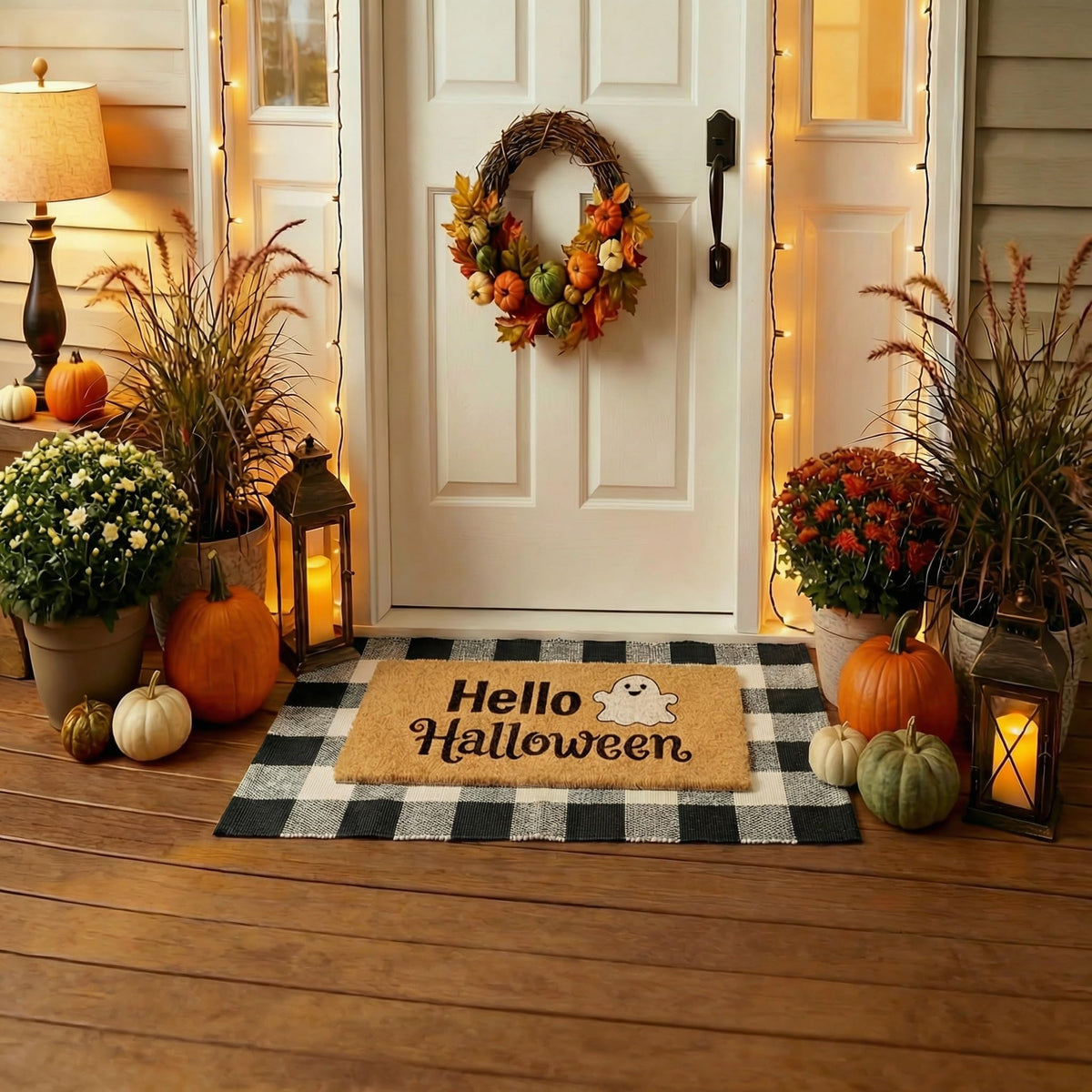 SKYPEA 2 Pcs Halloween Coir Doormat for Home 27.5 x 43 Inches with Black & White Buffalo Plaid Rug, Layered Non Slip Welcome Mats for Halloween Party, Patio & Indoor Outdoor Decor