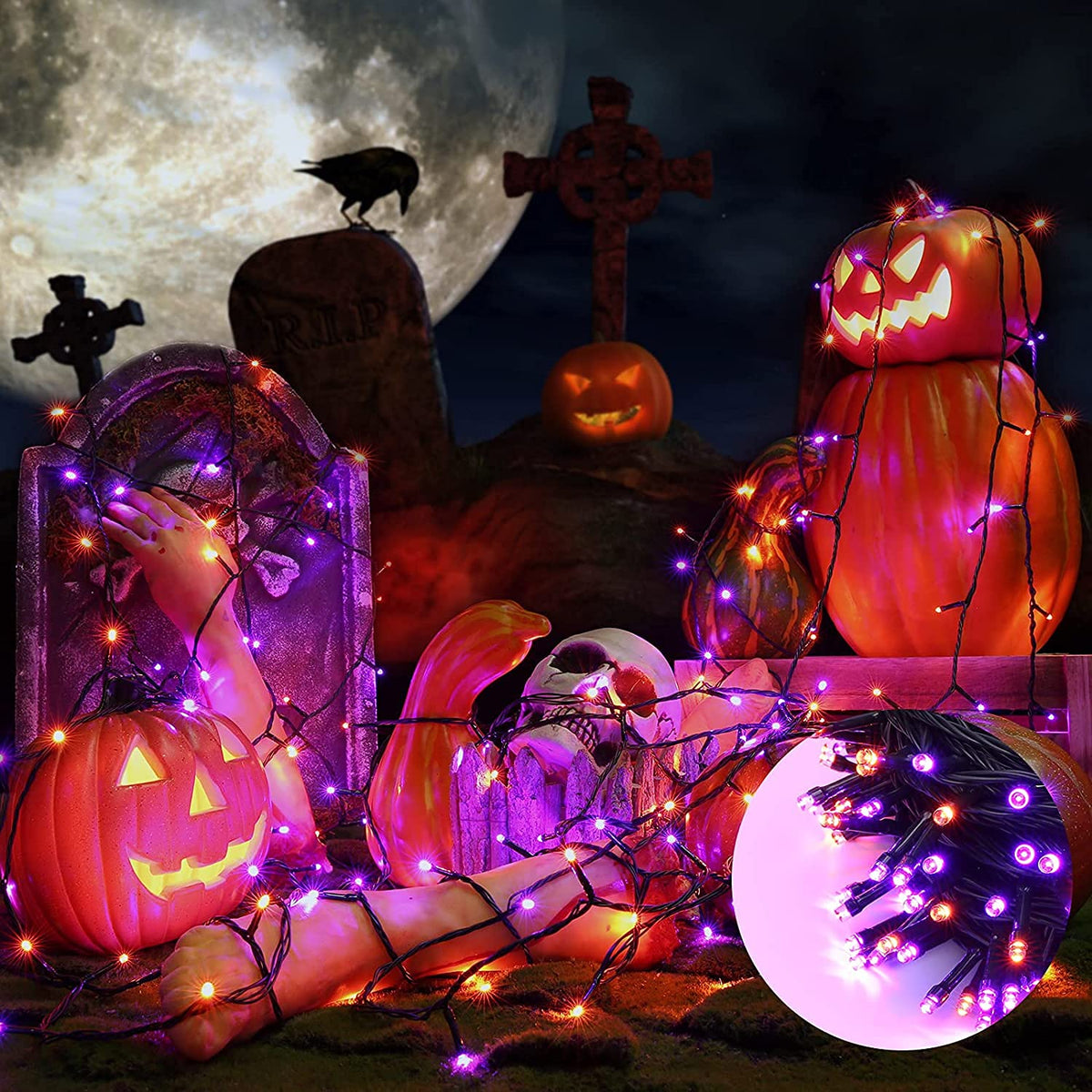 Joomer Orange Purple Halloween Lights, 100FT 300 LED String Lights with 8 Modes Timer Waterproof Plug in Indoor Outdoor String Light Connectable for Halloween Decorations