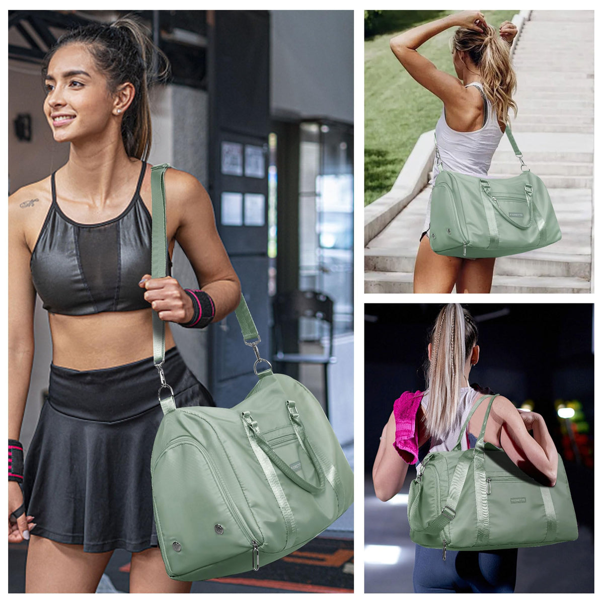 FIORETTO Womens Gym Tote Duffle Bag with Toiletry Bag, Sports Duffel Overnight Hospital Workout Carry on for Girls with Wet Pocket & Shoe Compartment, Ideal for Travel, Swimming, Celadon
