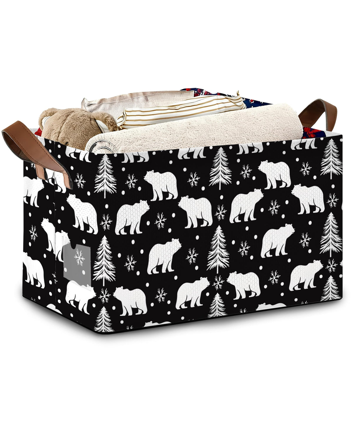 Masarua Bear Forest Collapsible Storage Box,Snowflake Winter Organizer Bin with Handles for Room Decoration,Bins Book Basket Box 17x11.5x10Inch