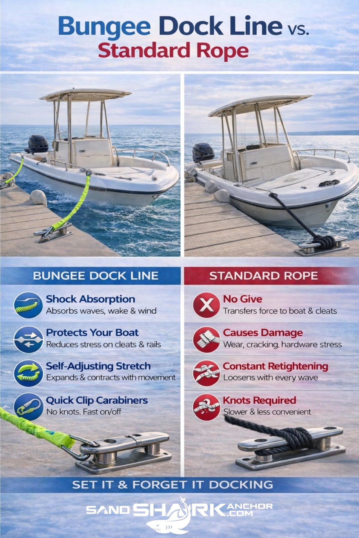 SandShark Premium Flat Bungee Dock Line – Stretches 4-7 FT - Boat & Jet Ski Dock Lines with Stainless Steel Carabiners – Shock Absorbing Mooring Rope for PWC, Boats & Pontoons. Neon Green