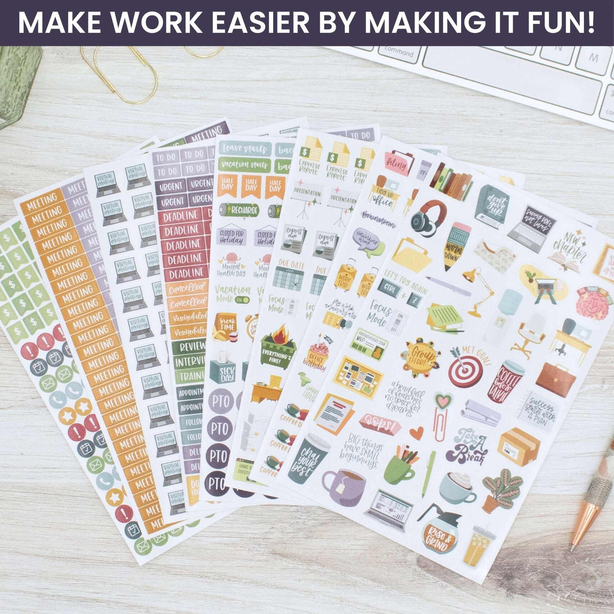 bloom daily planners Workday Essentials Planner Stickers - Productivity Variety Pack for Business Professionals - 8 Sheets / 802 Stickers - Meetings, Deadlines, Payday Icons for Work & Office