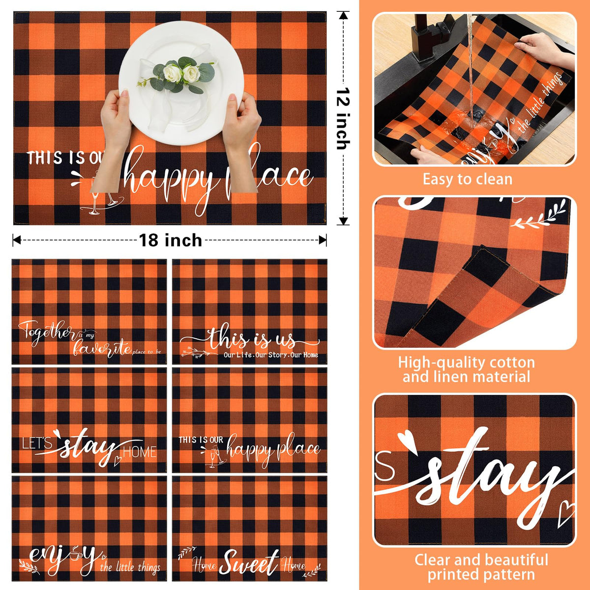 Hahafelt 6 Pack Halloween Placemats 12"x18" 6 Styles Rustic Table Mats with Sayings Washable Halloween Party Table Decorations Fall Thanksgiving Autumn Harvest Kitchen Decor(Orange, Black,Plaid)