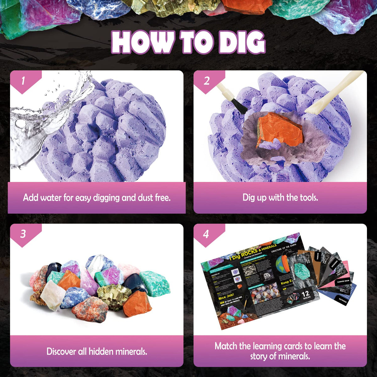 Gamerside Mineral Mining Kit Gem Dig Kit,Rock Dig Kit Dig up 12 Rock & Mineral Collection Gemstones & Crystals Diamond Mining Kit for Kids Gemology Mining Gift Rocks Minerals for Boys Girls