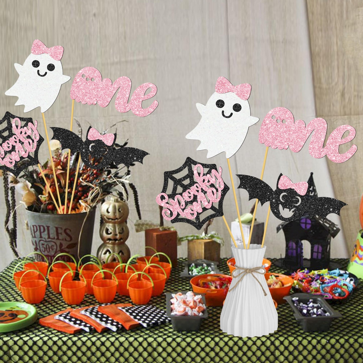 Halloween Spooky One Centerpiece Sticks Pink Halloween Party Decorations 12PCS The Spooky One Birthday Table Toppers Ghost Theme Centerpieces for Girls 1st Birthday Baby Shower Supplies