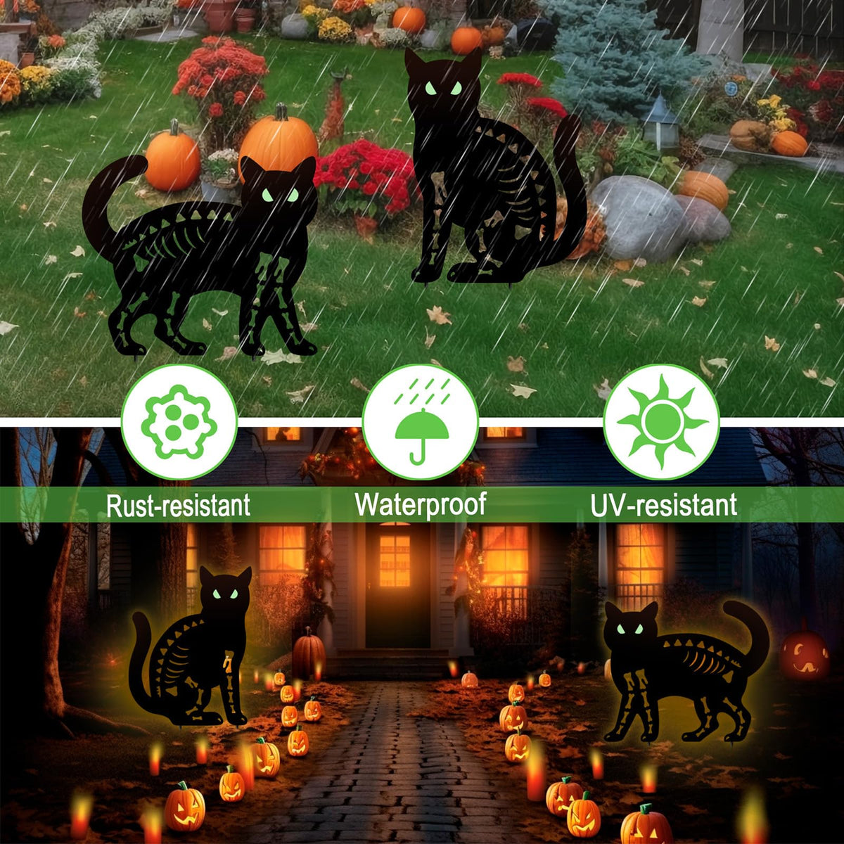 Hokfirm Halloween Black Cat Garden Stake Decor - 2 Pack Scary Cat Silhouette Metal Yard Signs with Glow-in-The-Dark Eyes for Outdoor Halloween Decorations