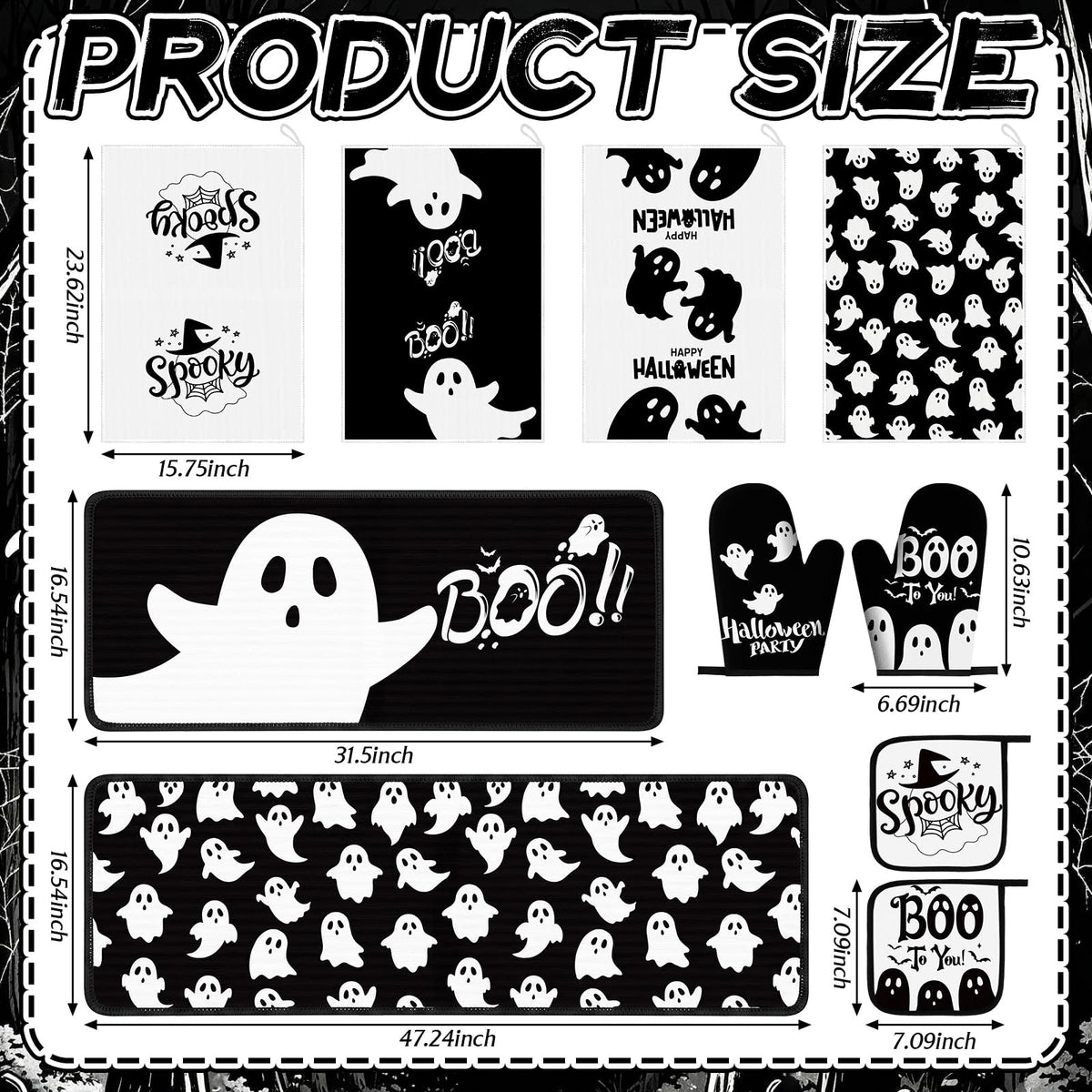 Fanfanwin 10 Pcs Halloween Ghost Kitchen Decor Set Ghost Kitchen Rugs Towels Pot Holders Oven Mitts Set for Baking Cooking BBQ Halloween Decorations