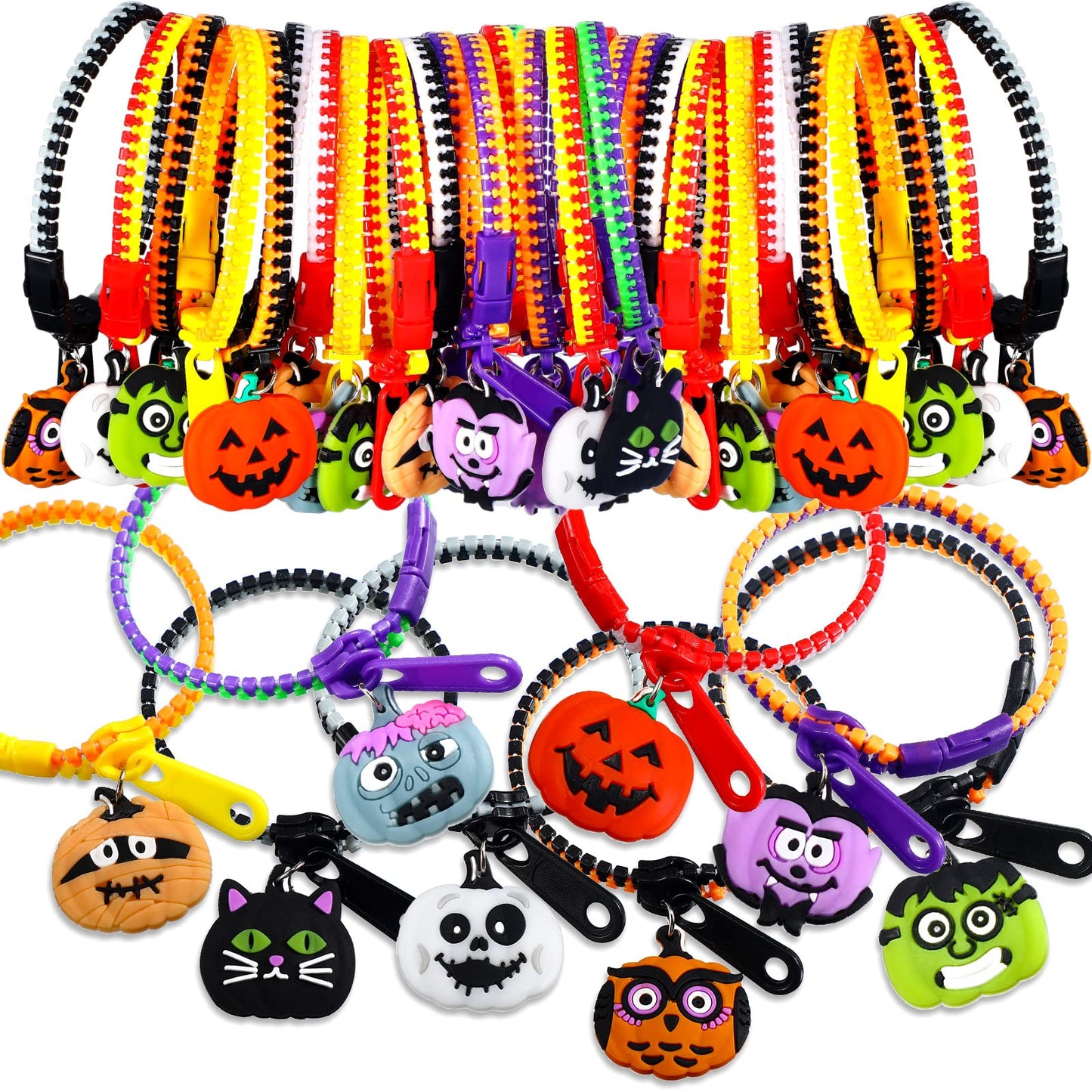 Capoda 32 Pcs Halloween Party Favor Zipper Bracelets Bulk Trick or Treat Bracelets Halloween Zipper Wristbands for Prizes & Handouts, Goodie Bag Fillers supplies