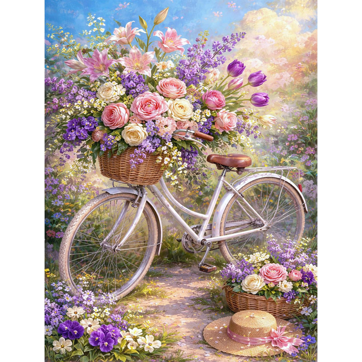 IOHEFY Flower Bicycle Diamond Painting 12 x 16 Inch Full Drill Acrylic Diamond Art Floral Garden Bike Basket Crystal Rhinestone Spring Flower Nano Pearlescent Canvas