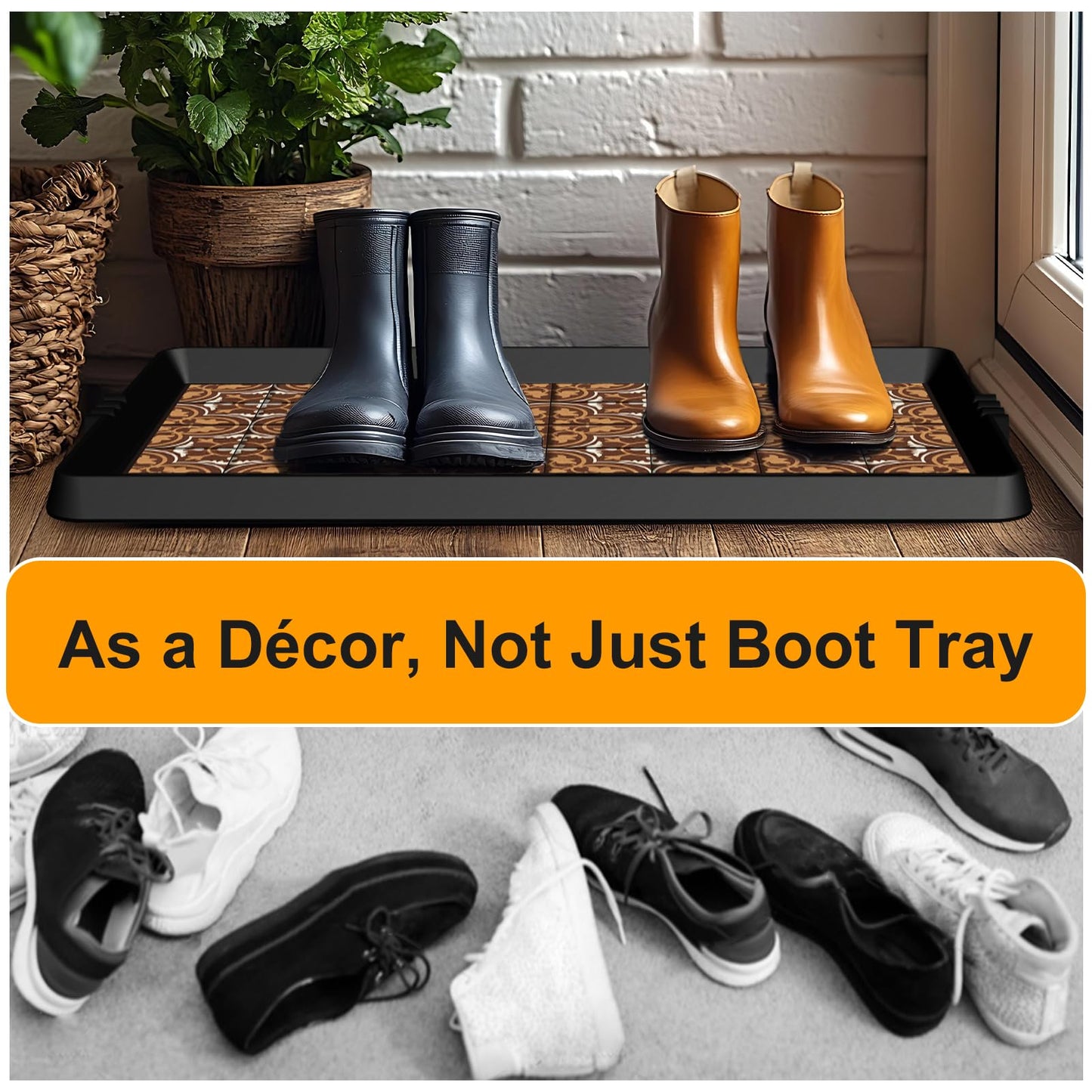 BEHERO Boot Tray Shoe Mat Decorative Patterned, Rubber Boot Matt Tray Indoor and Outdoor Use, 16" x47.5" Shoe Cleaning Mat Non-Slip, Shoe Storage Waterproof with Artistic Prints for Entryway (Brown)