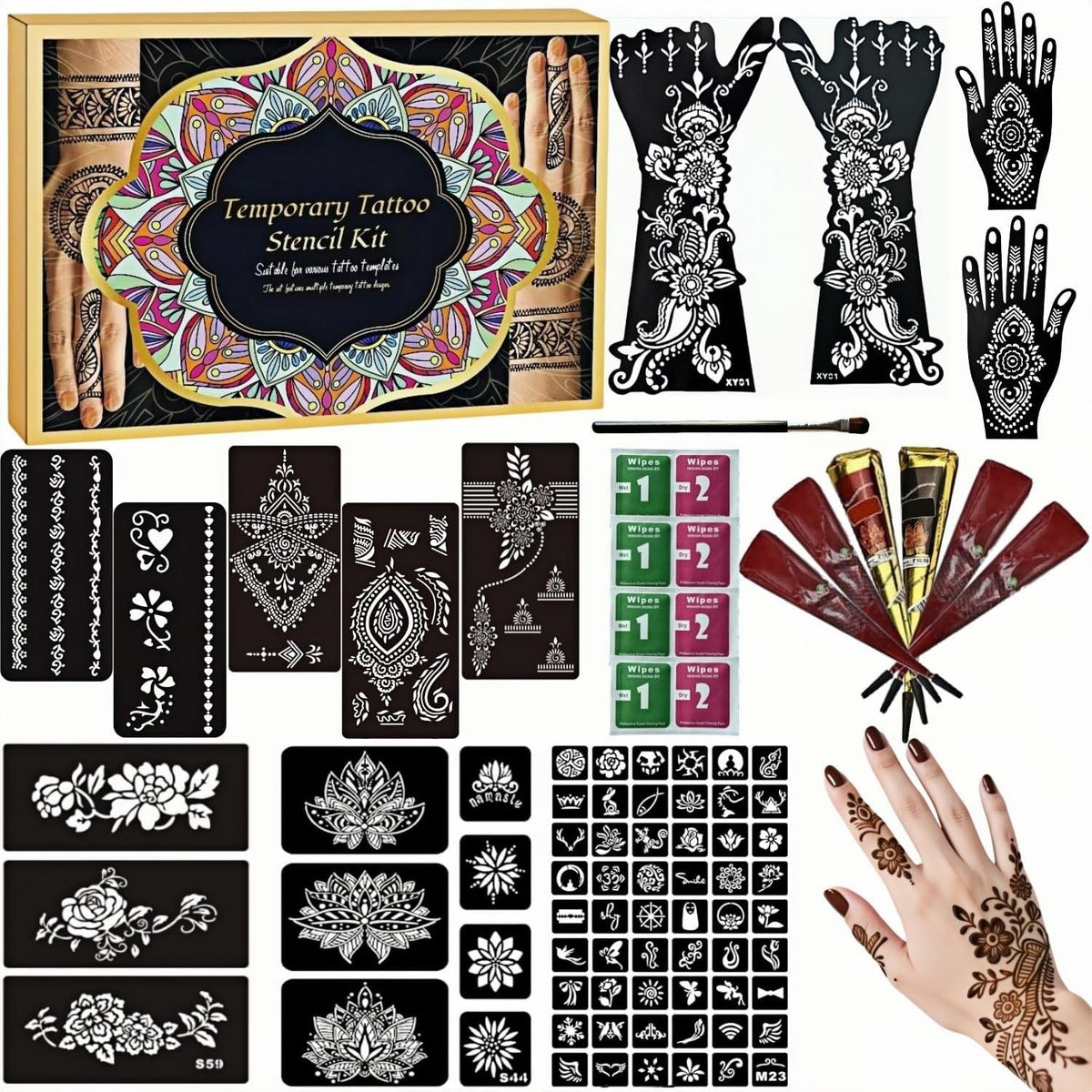 ManYan HaiYan Temporary Tattoo Stencils Kit - Reusable 12 Large Sheets, 78 Unique Designs - 6 Tattoo Cones 3 Colors (Brown/Black/Maroon) with Brush & Wipes for DIY Body Art, Festivals, Parties, Makeup