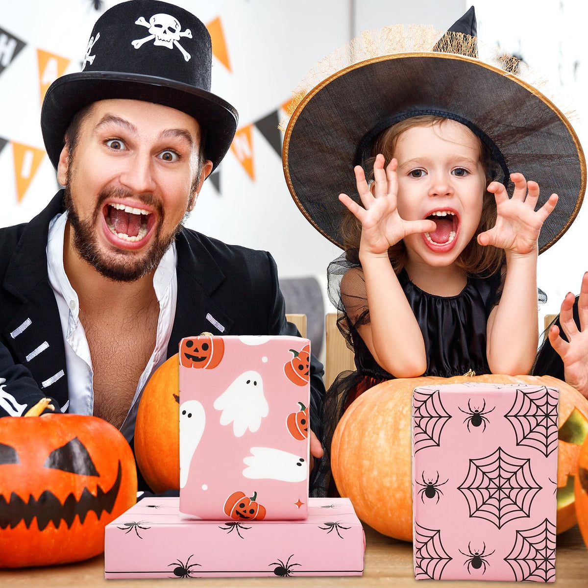 Whaline 105 Sheets Halloween Tissue Papers 7 Designs Pink Orange Black Wrapping Paper Ghost Pumpkin Spider Web Decorative Art Paper for DIY Crafts, 14 x 20 Inch