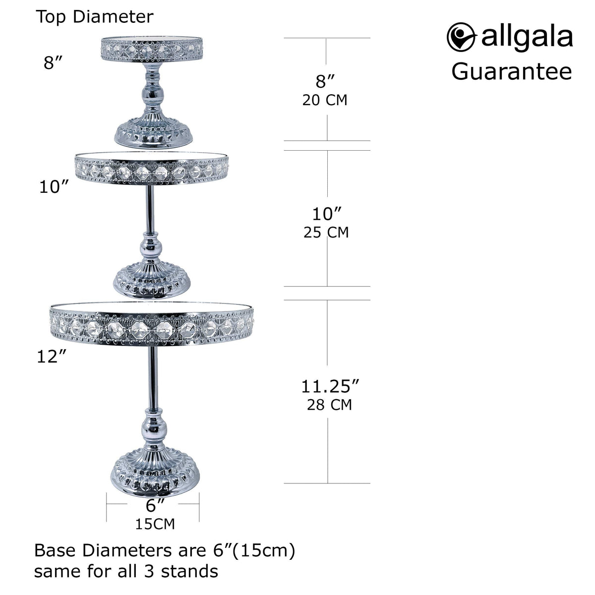 allgala Wedding Cake Stands 3-Piece Set Crystal Gold Plated Cheese Dessert Cupcake Cake Stand with Mirror Plate-Silver Round with Bases-HD89209