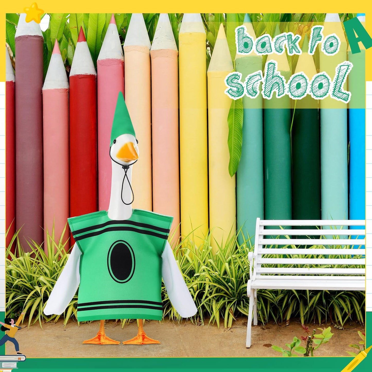 Geyoga Back to School Porch Goose Outfit 23" Classroom Goose Clothes Lawn School Garden Patio Yard Outdoor Decorations(Green,Crayon)