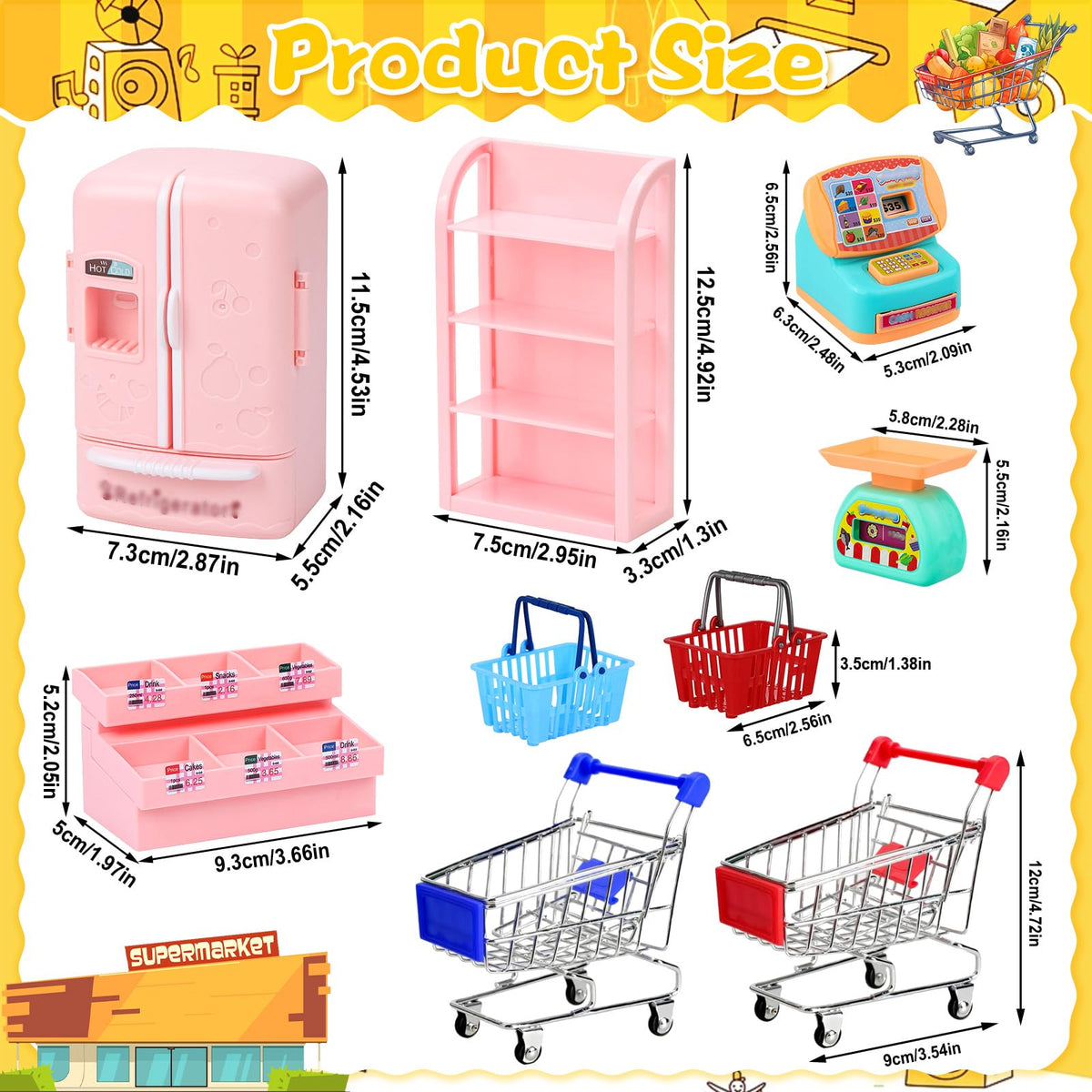 150Pcs Mini Shopping Cart Basket Miniature Food Drink Bottle Supermarket Metal Handcart Trolley
