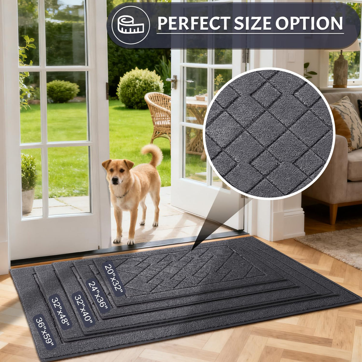 REFETONE Dirt Trapper Door Mat 32" x 40", Washable Indoor Doormat Rubber Backing Non Slip, Resist Dirt and Absorbent Entrance Mat, Low Profile Inside Floor Mats for Front Back Door and Entryway, Grey
