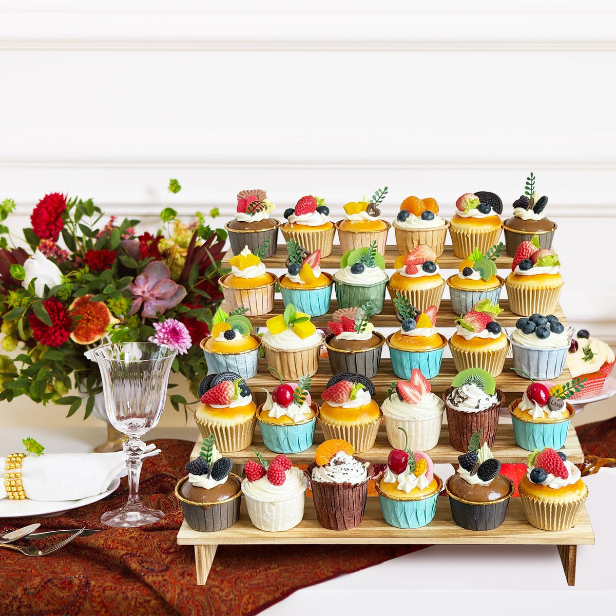 5 Tier Wooden Cupcake Stand for 50 Cupcakes - Rustic Cupcake Holder Stand for Wedding, Birthday, Party Display