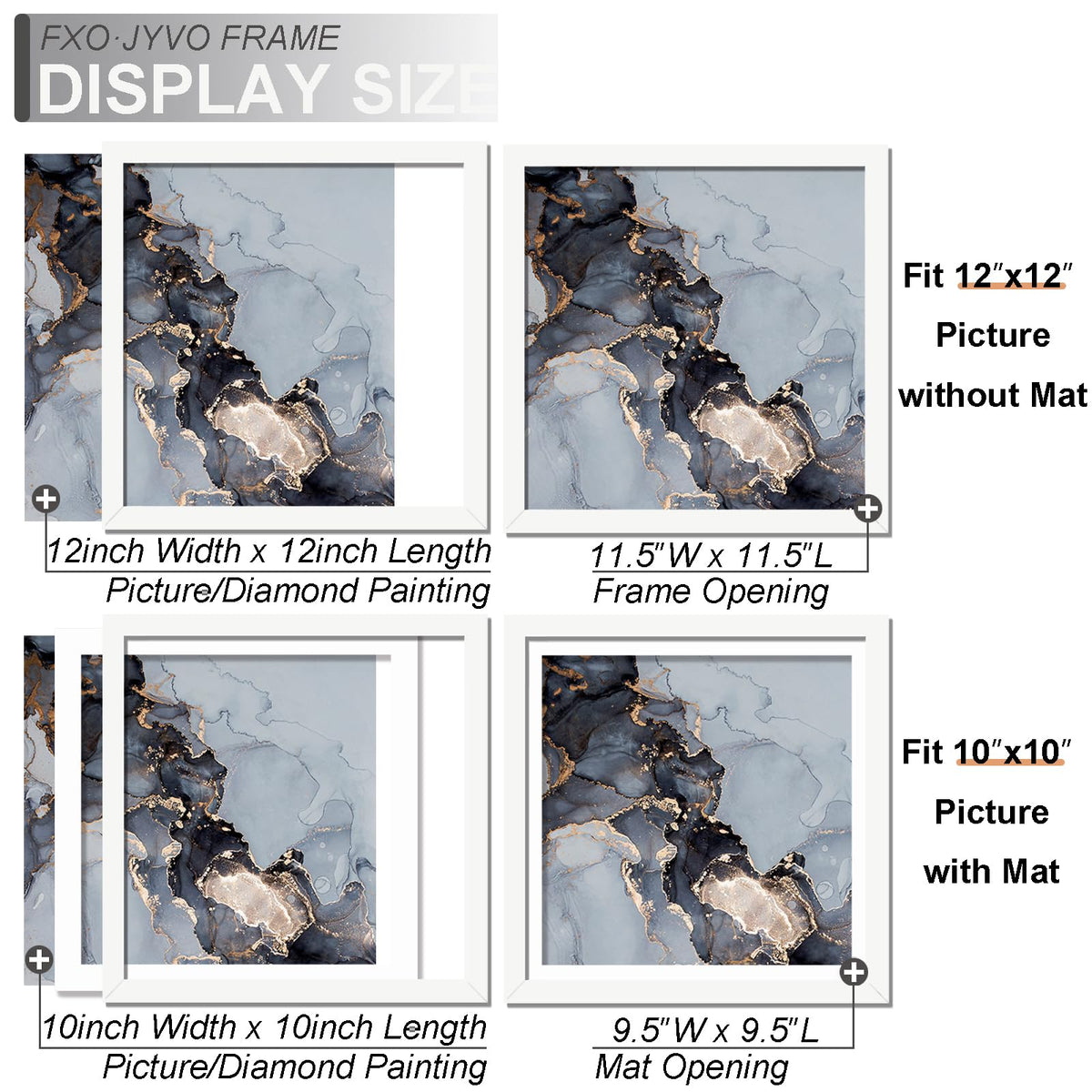 Fxojyvo White 12 x 12 Frame Set of 2, Display Picture 10x10 with Mat or 12x12 Without Mat, Wall Hanging Large Picture Frame for Diamond Art Painting 30x30 cm - 2 Packs