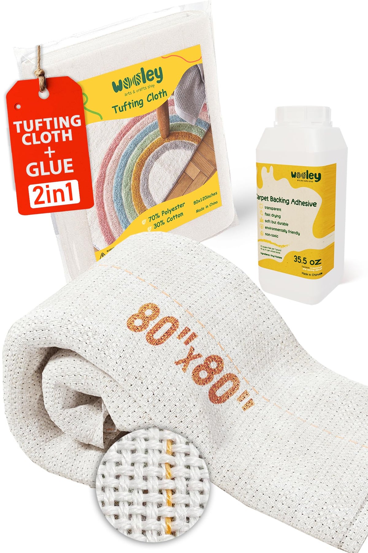 Primary Tufting Cloth 80"x80" - Rug Making Kit with Glue - Punch Needle Embroidery - Monk Cloth Fabric
